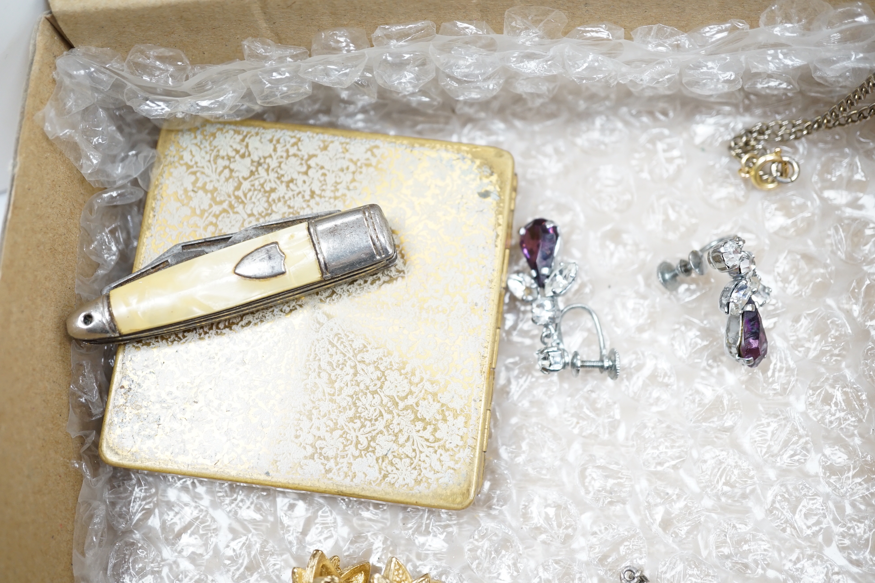 Assorted paste set jewellery etc and other items including compacts and a Ronson lighter.